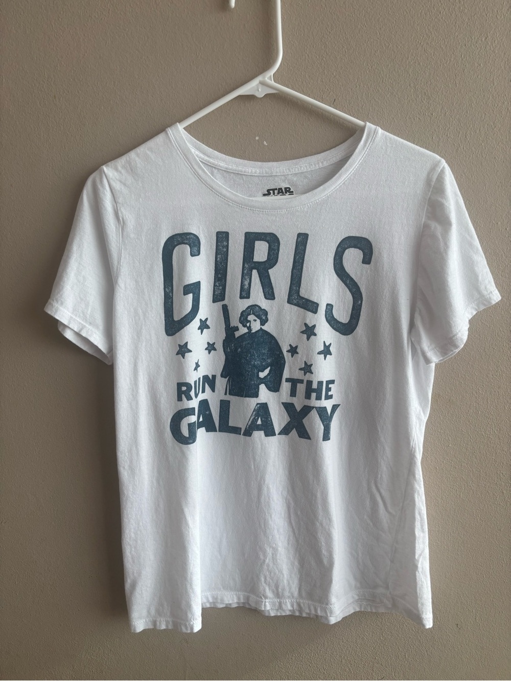 Star Wars White Tee with Navy 'Girls Run the Galaxy' Princess Leia Graphic Med